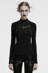 Schwarze Bluse mit Stehkragen, langen Ärmeln, Fledermausnähten, Netz und Kette im Gothic-Stil für Damen